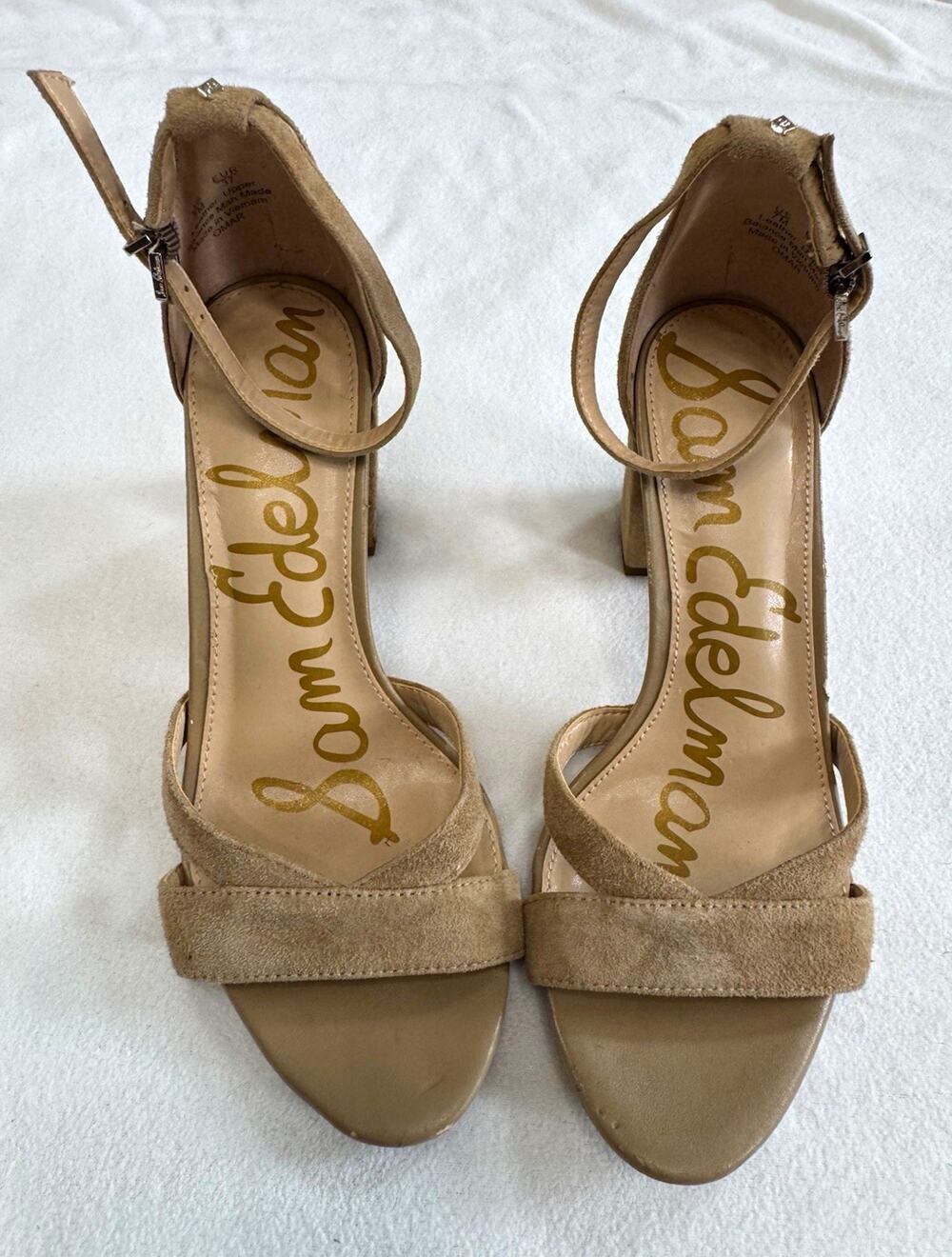 Sam Edelman Beige Suede Strappy Ankle Strap Block Heel Sandals US 7 EU 37 M
